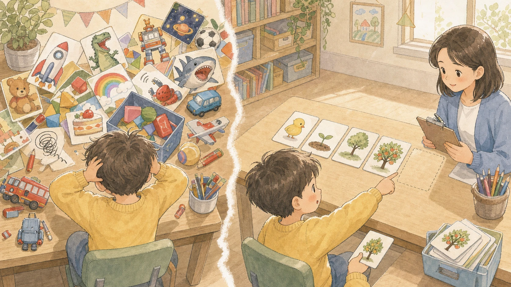 너무 많은 새 자극에 혼란스러운 아이와 익숙한 순서를 예상하는 아이를 대비한 교육실 수채화 손그림