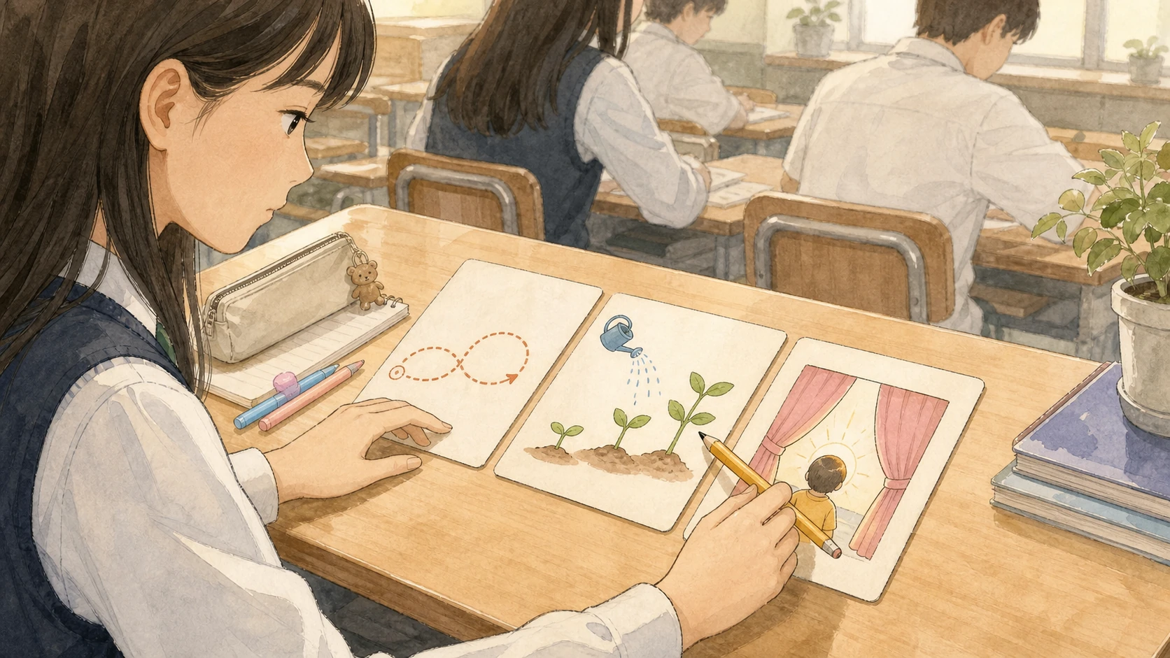 반복과 성장과 다음 장면 예측을 나타내는 세 그림 카드를 차례로 연결하는 과천외고 학생의 손그림