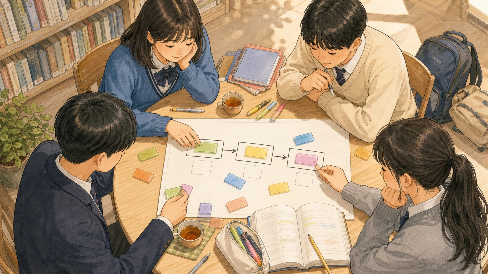 도서관 원탁에서 세 칸의 투명 색상 카드를 한 방향으로 연결하는 학생들의 수채화 손그림