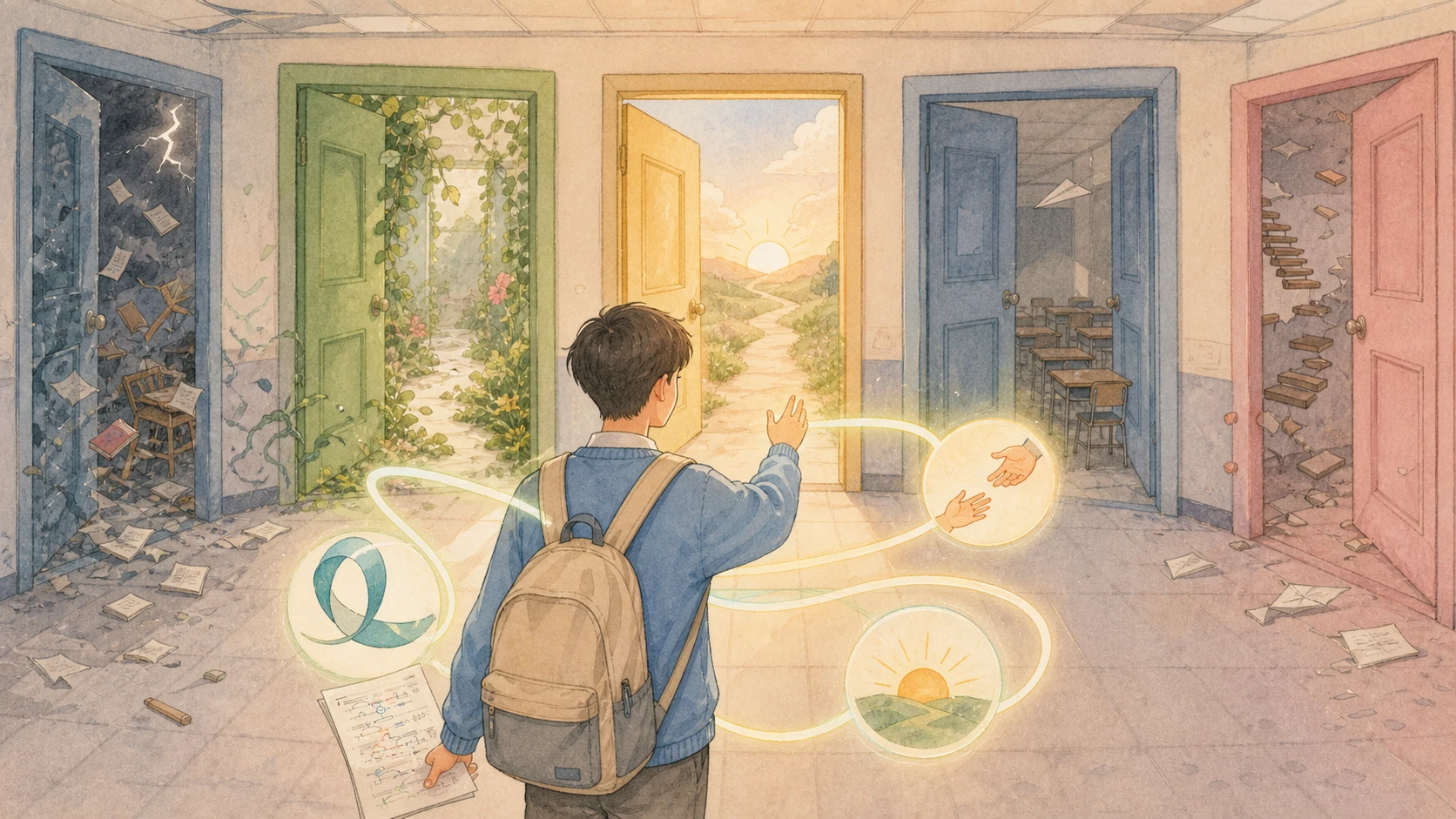 반복과 도움과 예측의 세 단서를 따라 다섯 갈래 문 중 맞는 길을 고르는 학생의 수채화 손그림 사진박스
