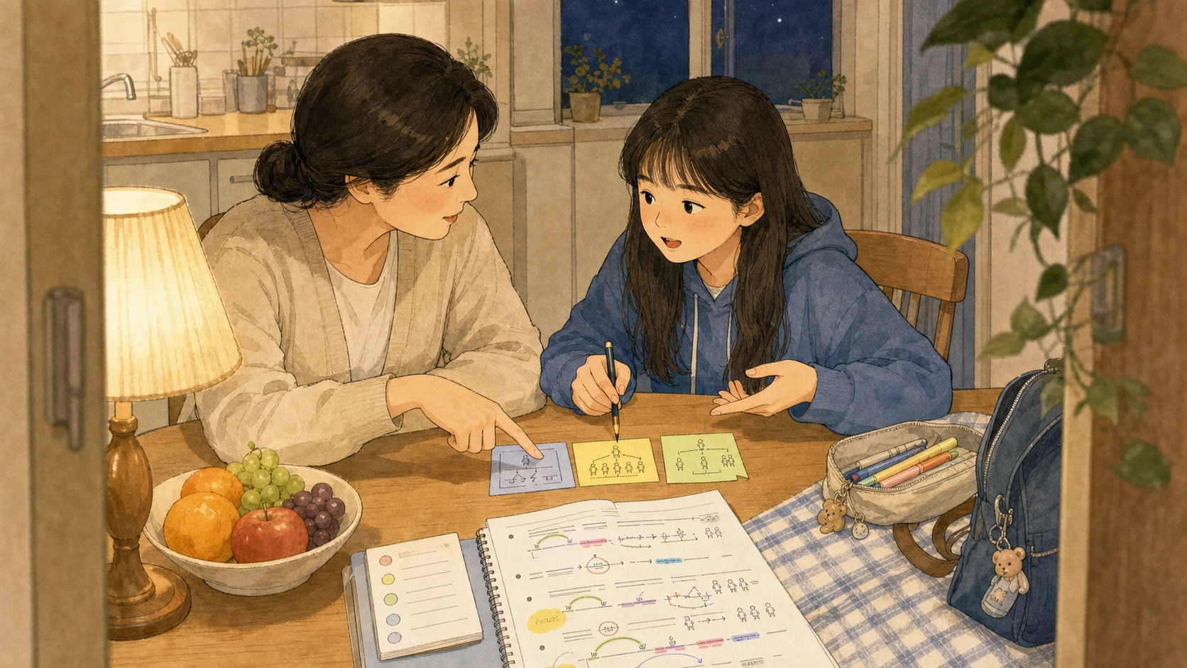 저녁 식탁에서 학생이 세 그림 카드를 순서대로 설명하고 학부모가 중간 근거를 묻는 따뜻한 손그림