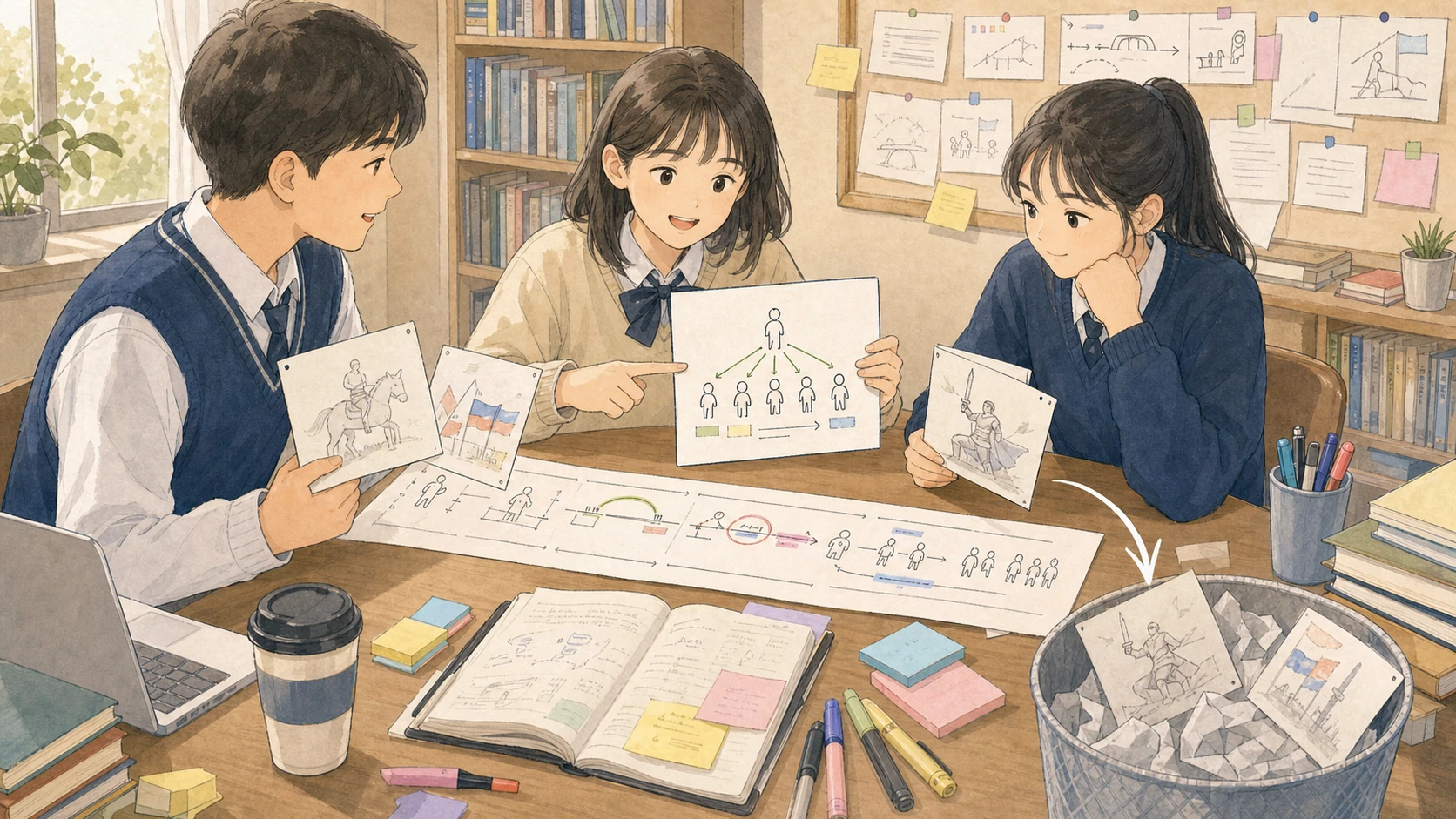 긴 이야기 카드를 줄이고 여러 사람과 연결된 전달자 그림 한 장을 중심 제목으로 남기는 학생들의 수채화 사진박스