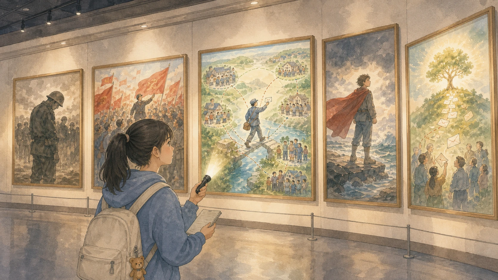 잊힌 영웅과 선전과 용기와 자동 성공을 그린 오답 그림 사이에서 전달자 네트워크 그림을 고르는 학생의 미술관 손그림