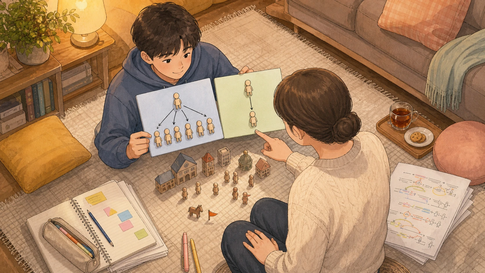 가정 거실에서 같은 메시지 카드와 나무 마을 인형을 놓고 전달자 네트워크 차이를 설명하는 학생과 학부모의 손그림