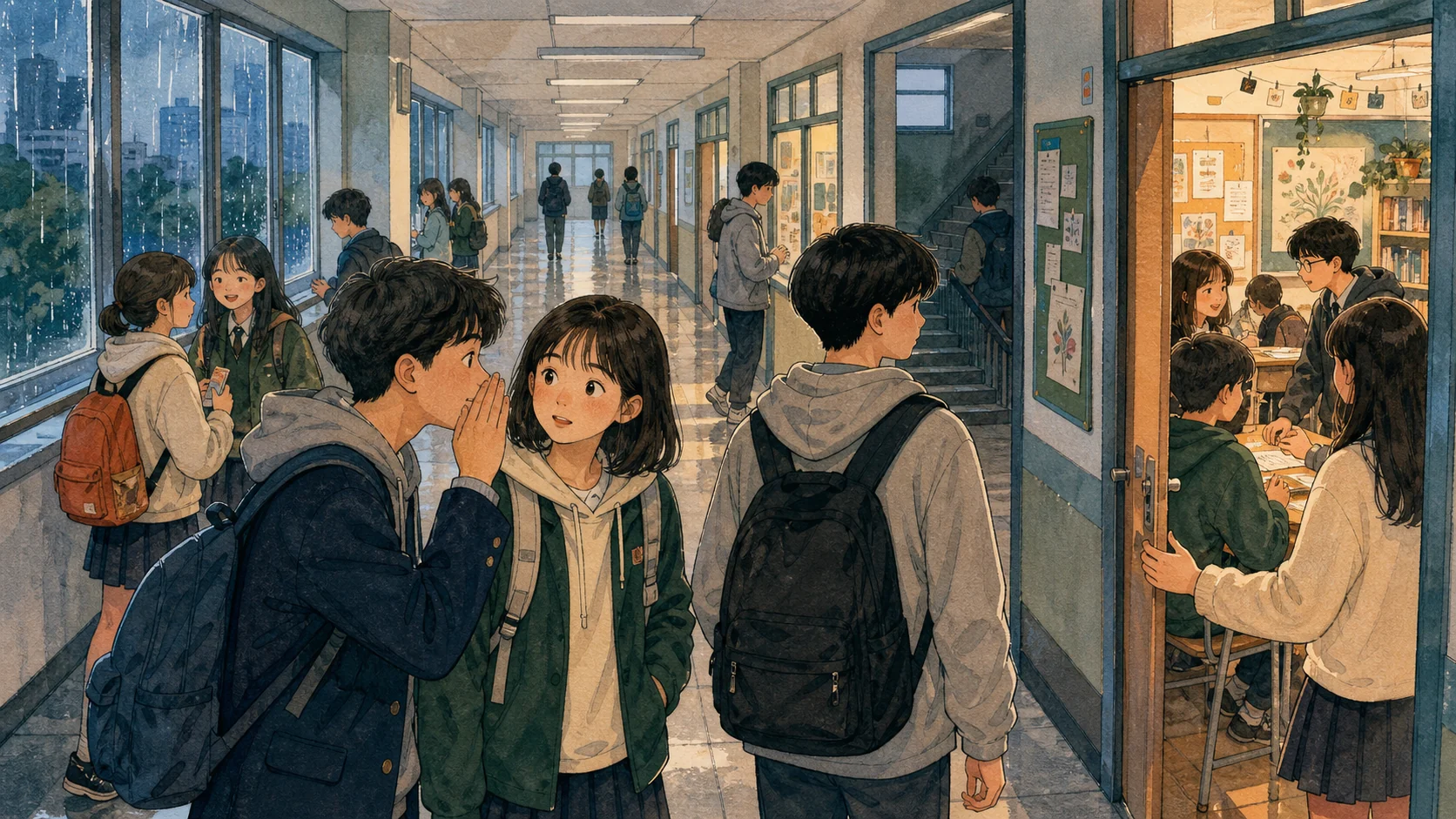 비 오는 학교 복도에서 한 학생의 소식이 여러 동아리 교실로 이어지는 현대적 연결망 장면 손그림