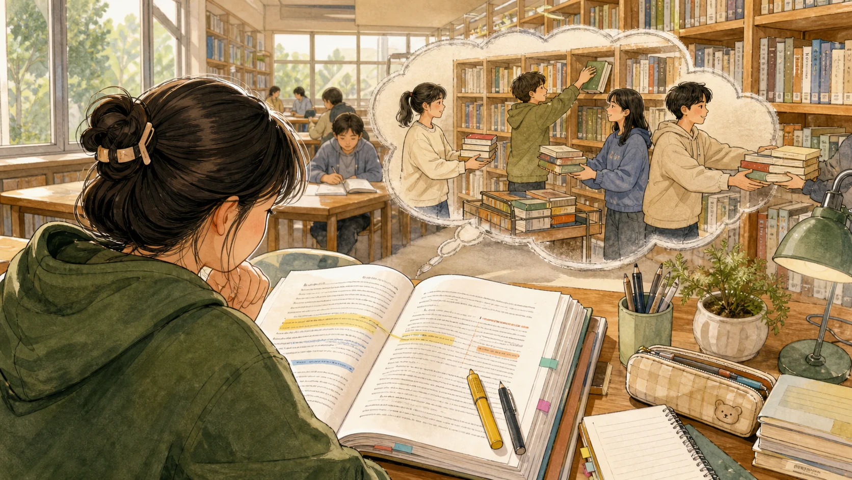 도서관에서 학생이 밑줄 문구와 책을 이어 전달하는 친구들을 함께 떠올리며 정독하는 손그림
