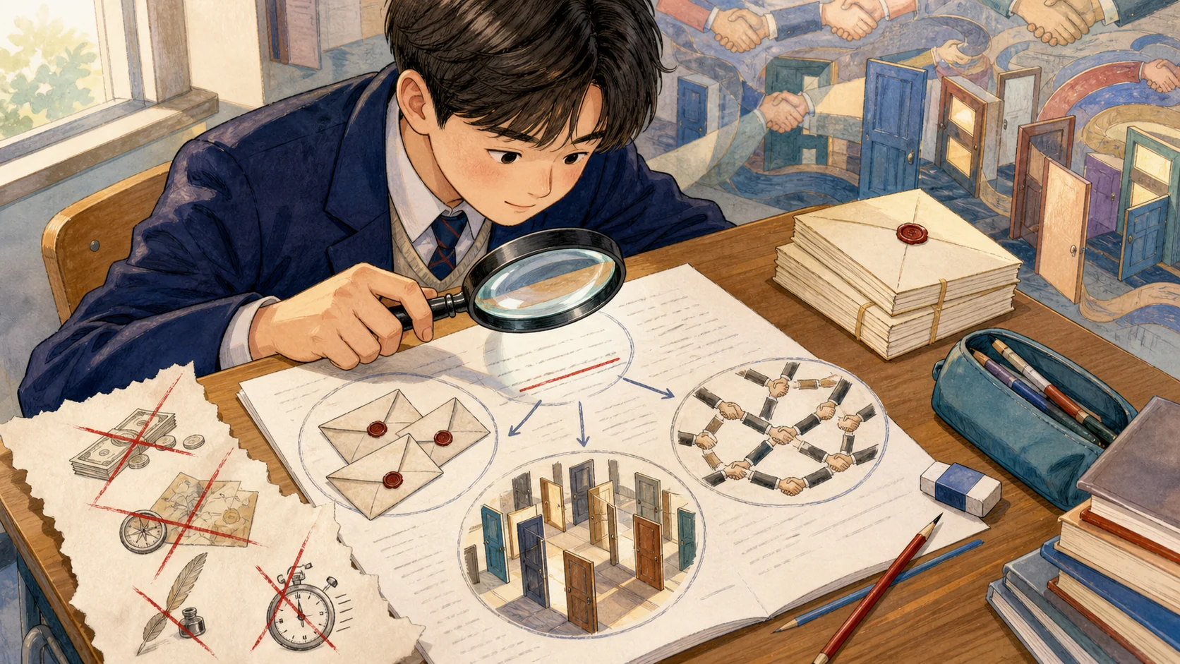 시험 책상에서 학생이 연결된 문과 악수 단서를 확대해 보고 돈과 지도와 시계 단서를 제거하는 손그림
