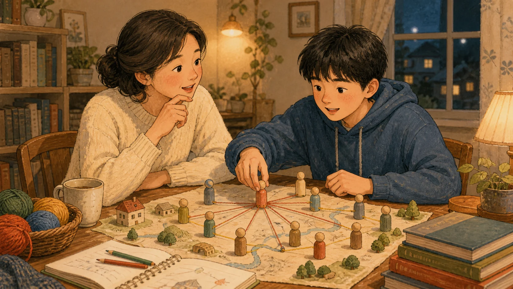가정에서 학생과 학부모가 실과 나무 인형으로 소식의 확산 경로를 재현하는 따뜻한 저녁 손그림