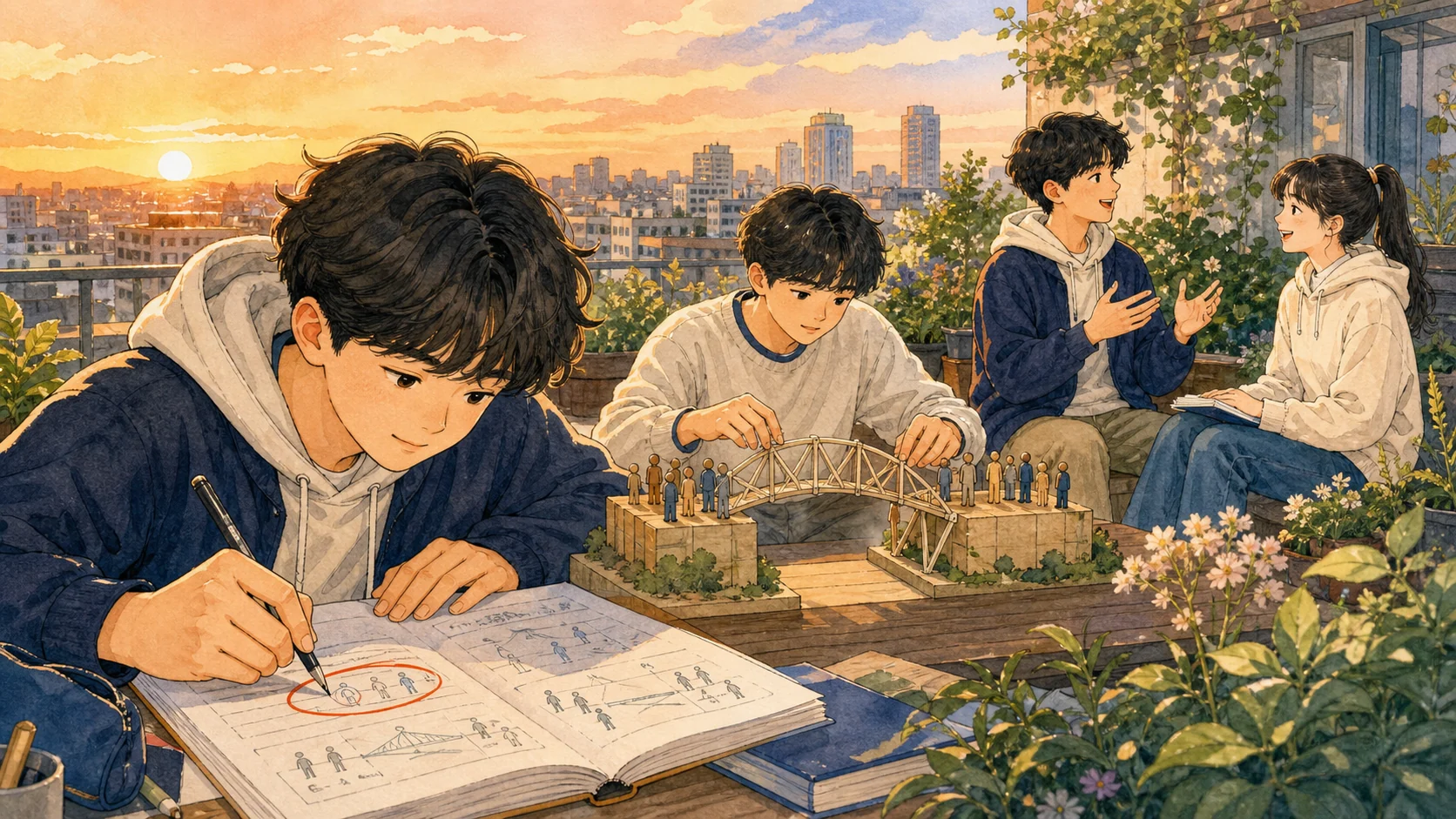 해 뜨는 옥상 정원에서 학생들이 핵심 표현 표시와 연결 모형 조립과 말로 설명하기를 이어서 연습하는 손그림