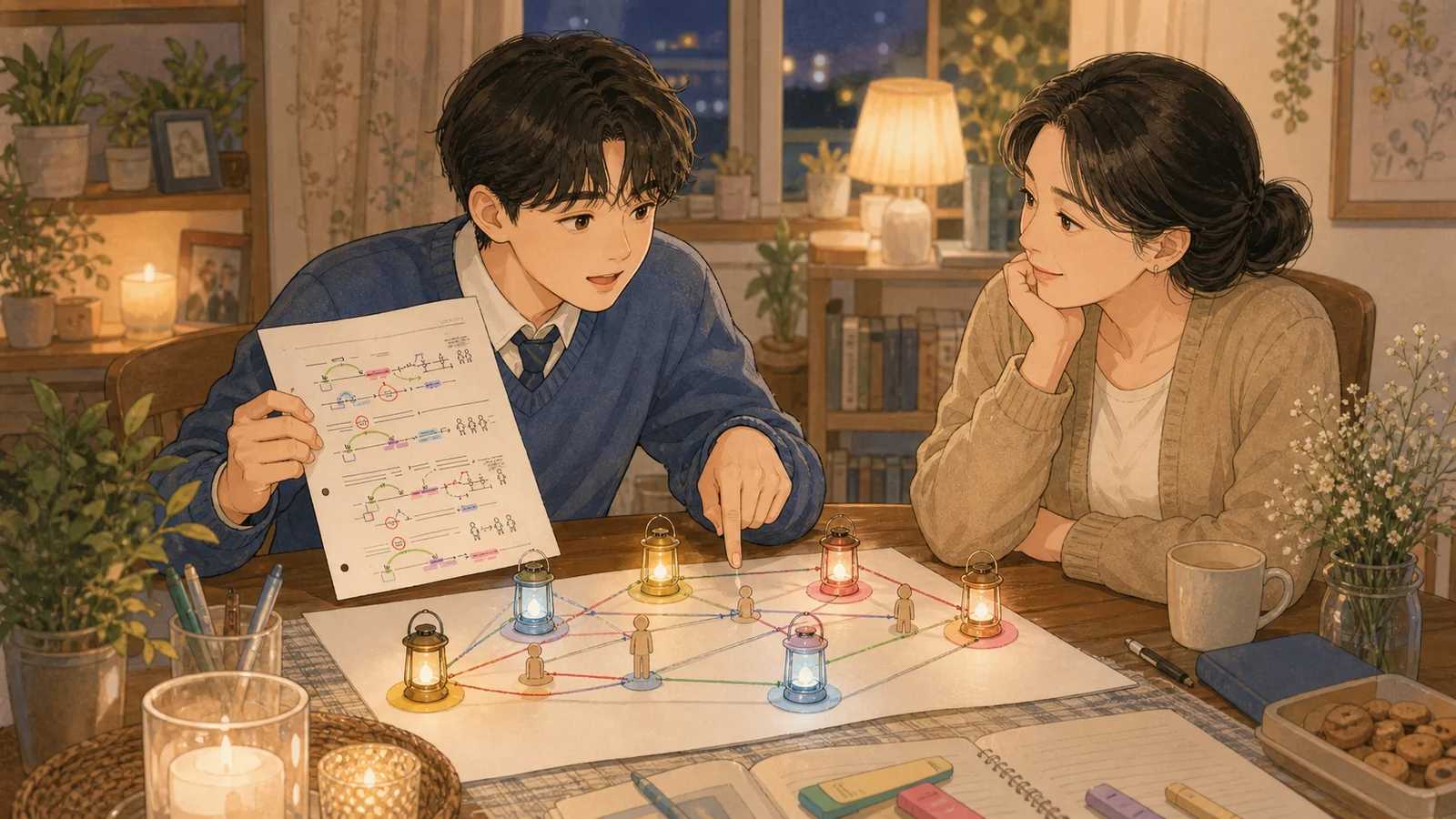 거실에서 두 결과를 블록으로 재현하는 학생과 학부모