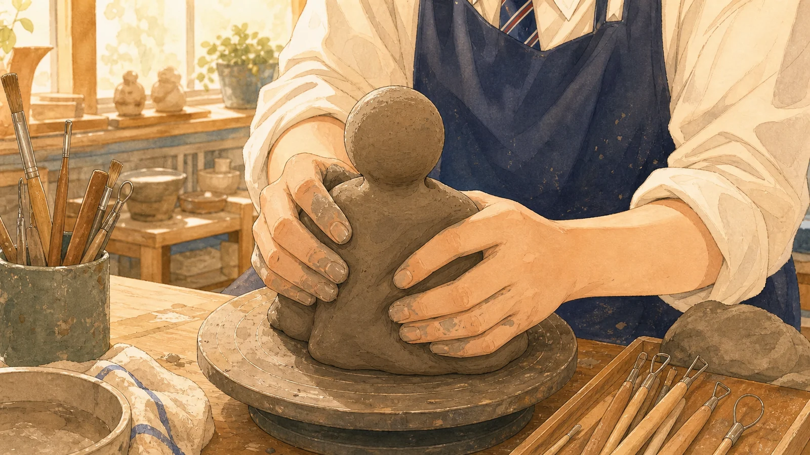 도예 공방에서 메시지를 작은 핵심 그릇으로 압축하는 학생