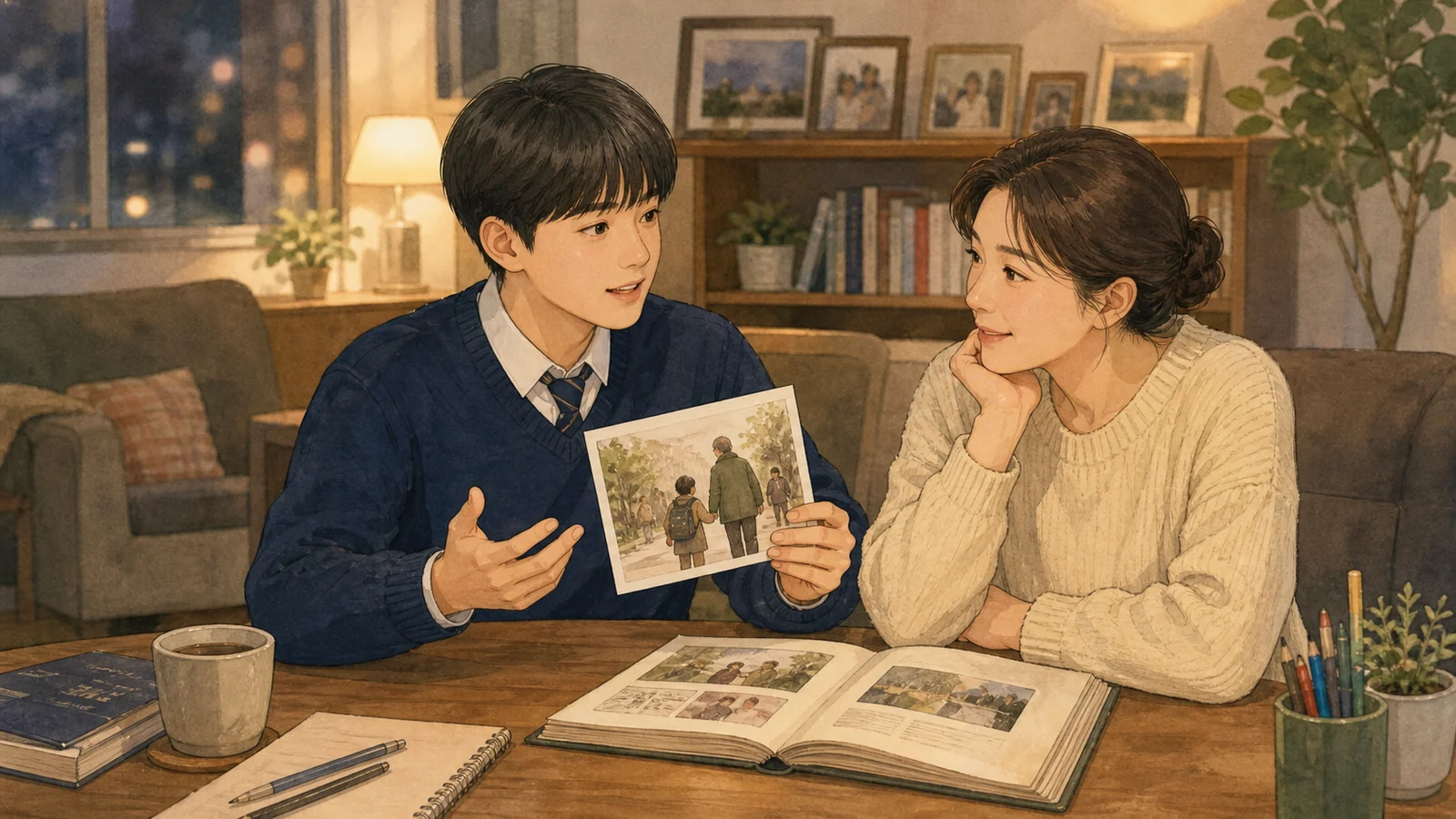 가정에서 통계와 생생한 이야기의 차이를 설명하는 학생과 학부모