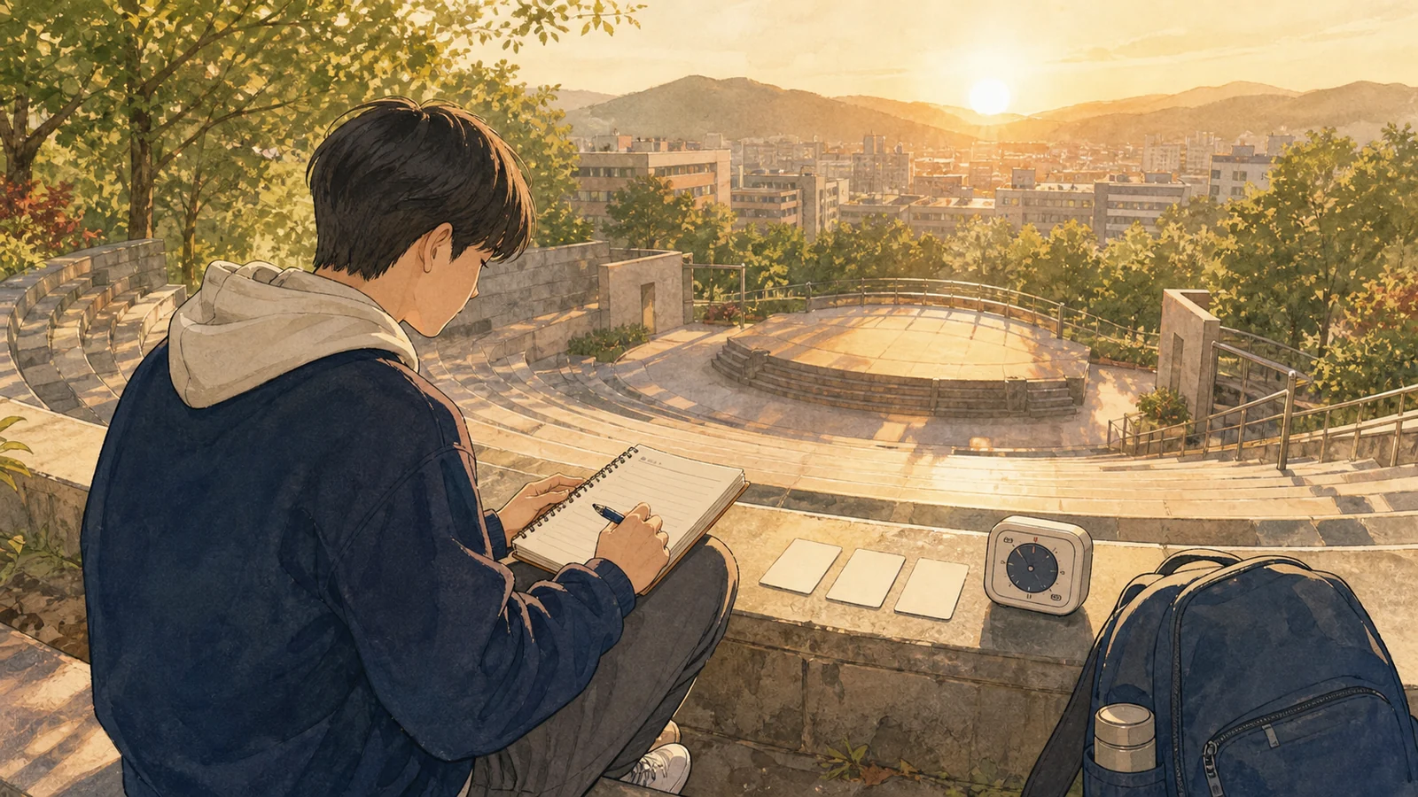 해 뜨는 야외극장에서 25분 복습을 마치는 학생