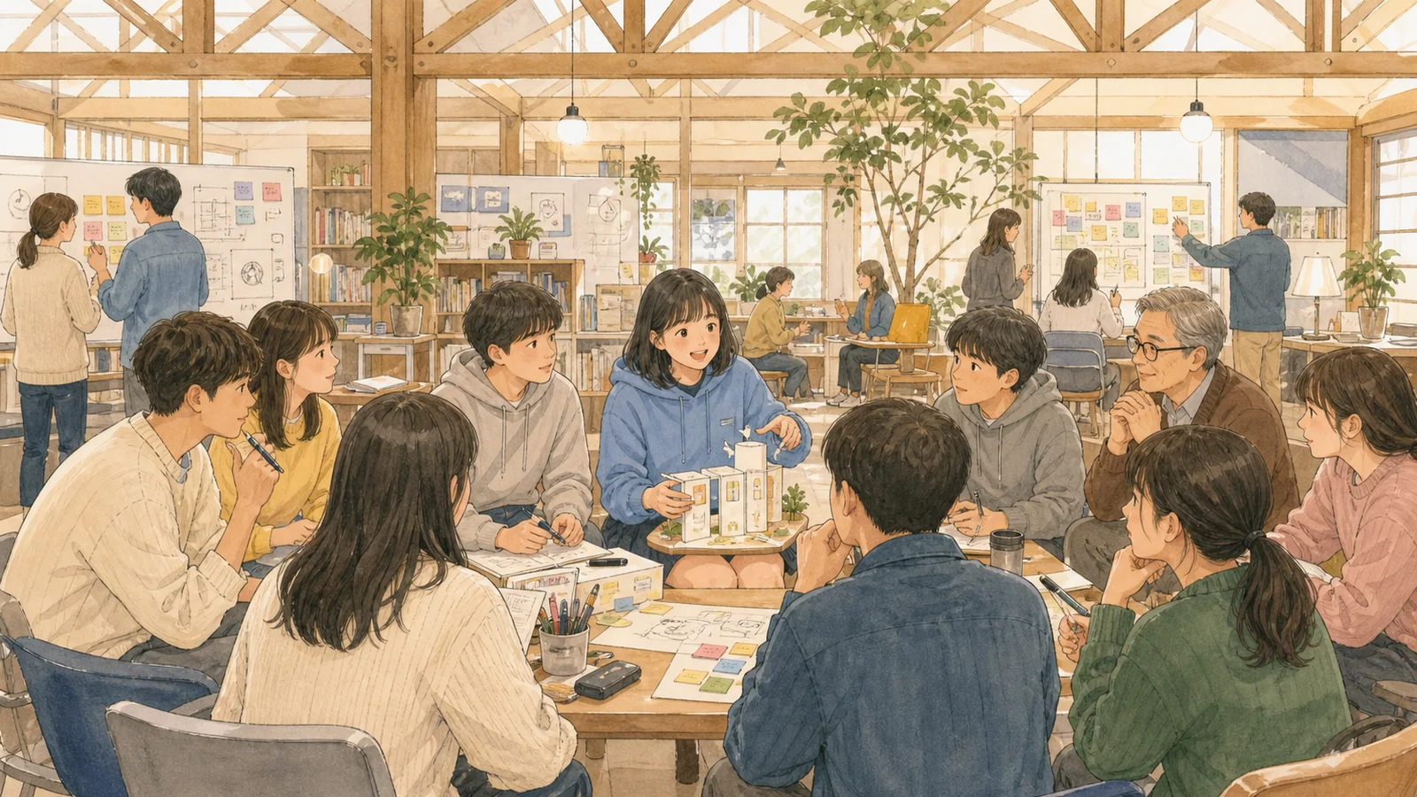 개방형 혁신 공방에서 직책 없이 협업하는 학생 팀