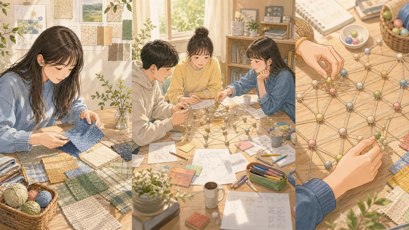 제품 팀 격자 구조를 세 장면으로 보여주는 사진박스