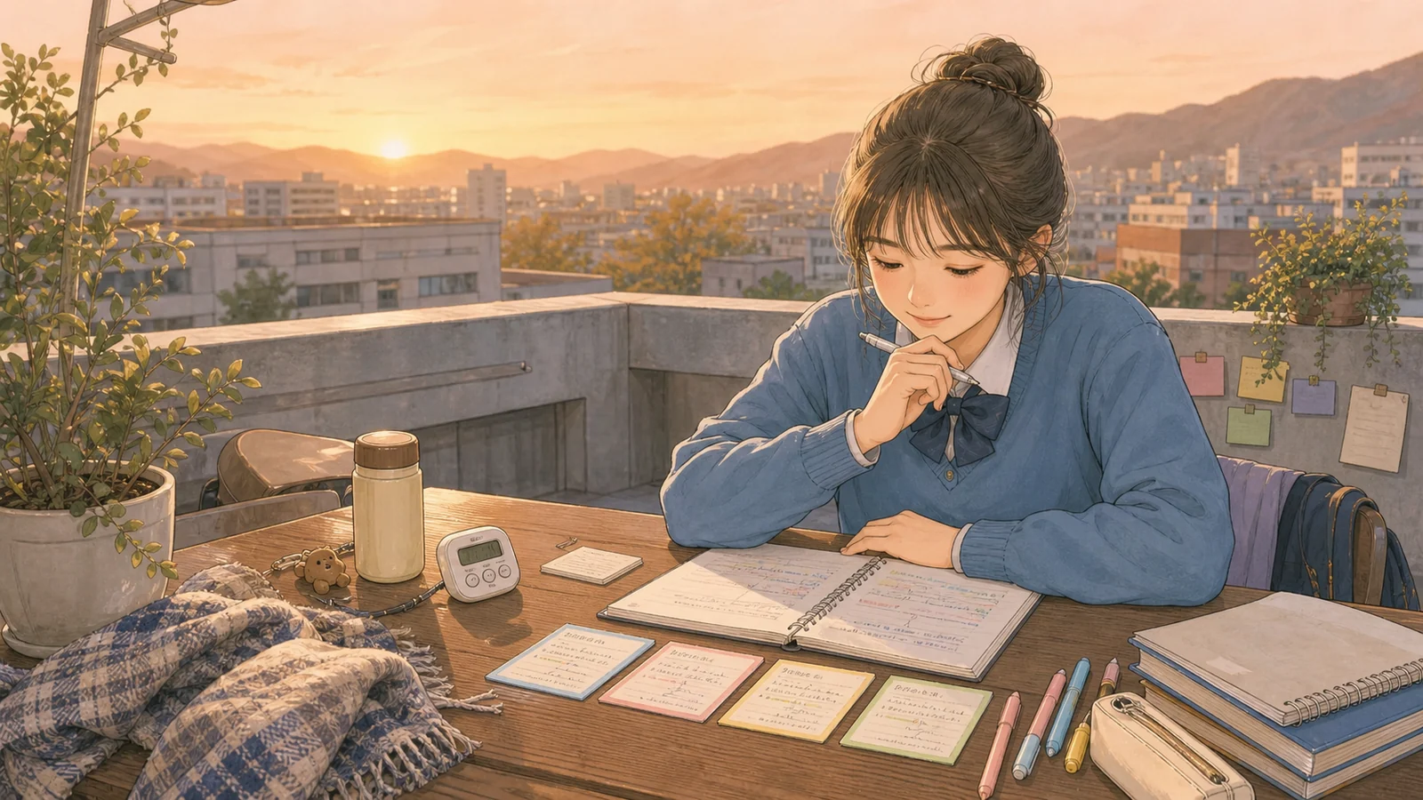 옥상에서 다섯 단서를 회상하는 학생