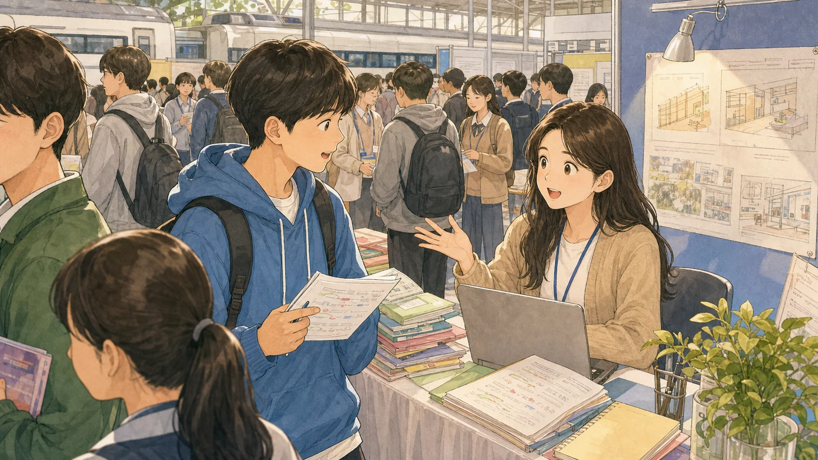 진로 박람회에서 뜻밖의 지인에게 새로운 기회를 듣는 학생