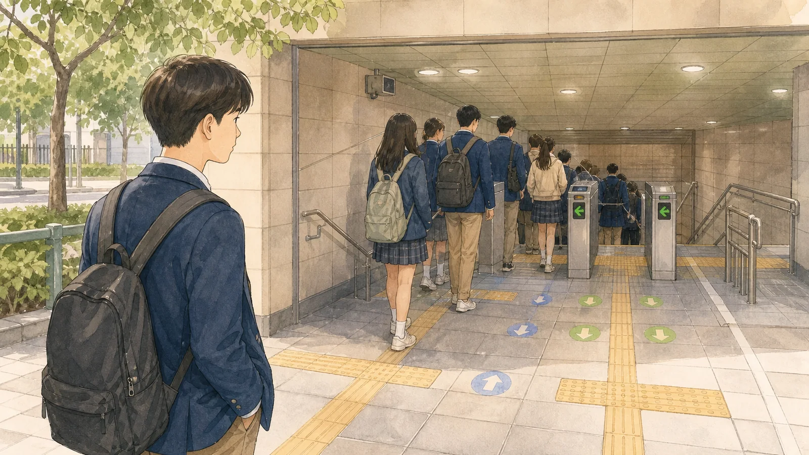 지하철 입구의 질서 신호를 관찰하는 학생