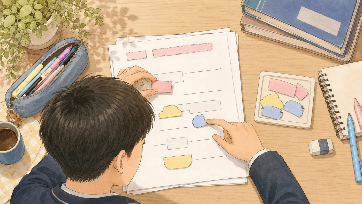 세 빈칸에 다른 형태 조각을 맞추는 시험 책상