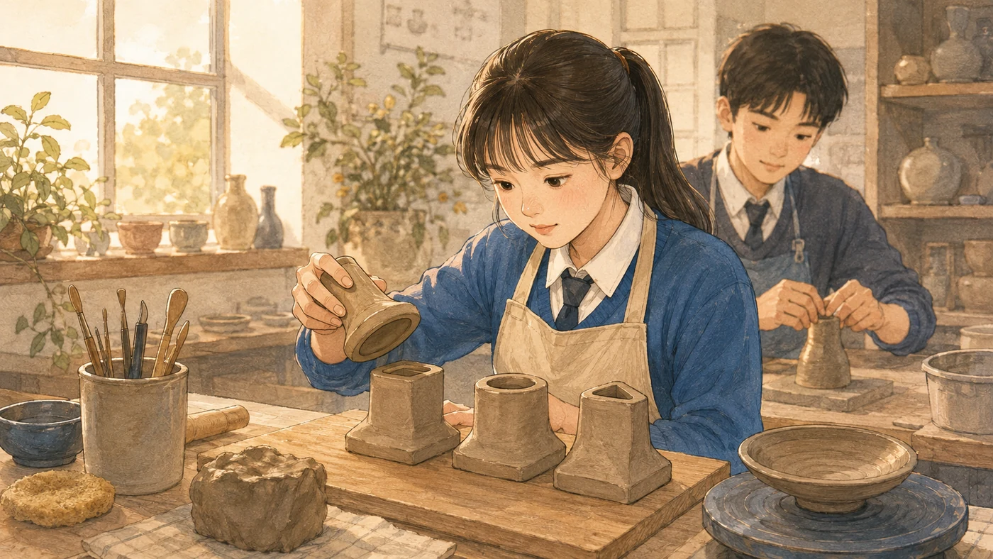 형태가 다른 점토 조각을 만드는 학생