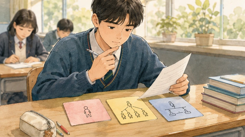 조건 세 장을 확인하는 시험 책상