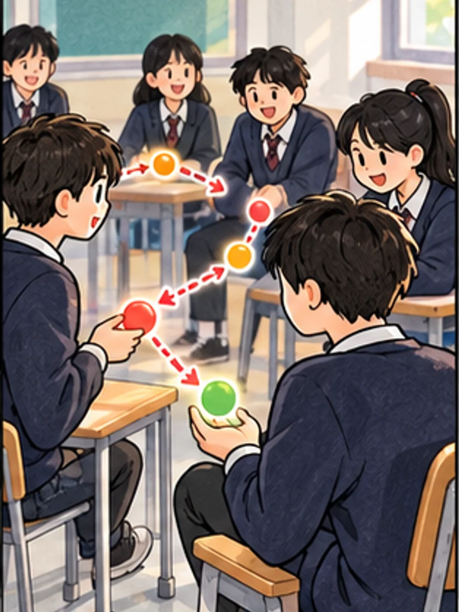 교실에서 가까운 접촉을 상징하는 점의 이동을 관찰하는 학생들