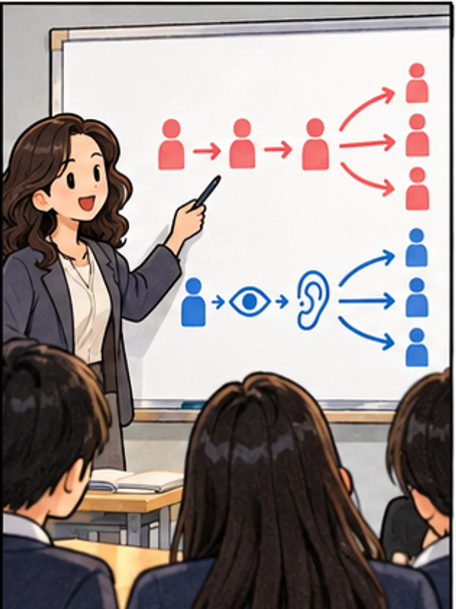 칠판에 두 개의 전파 경로를 그려 설명하는 교사