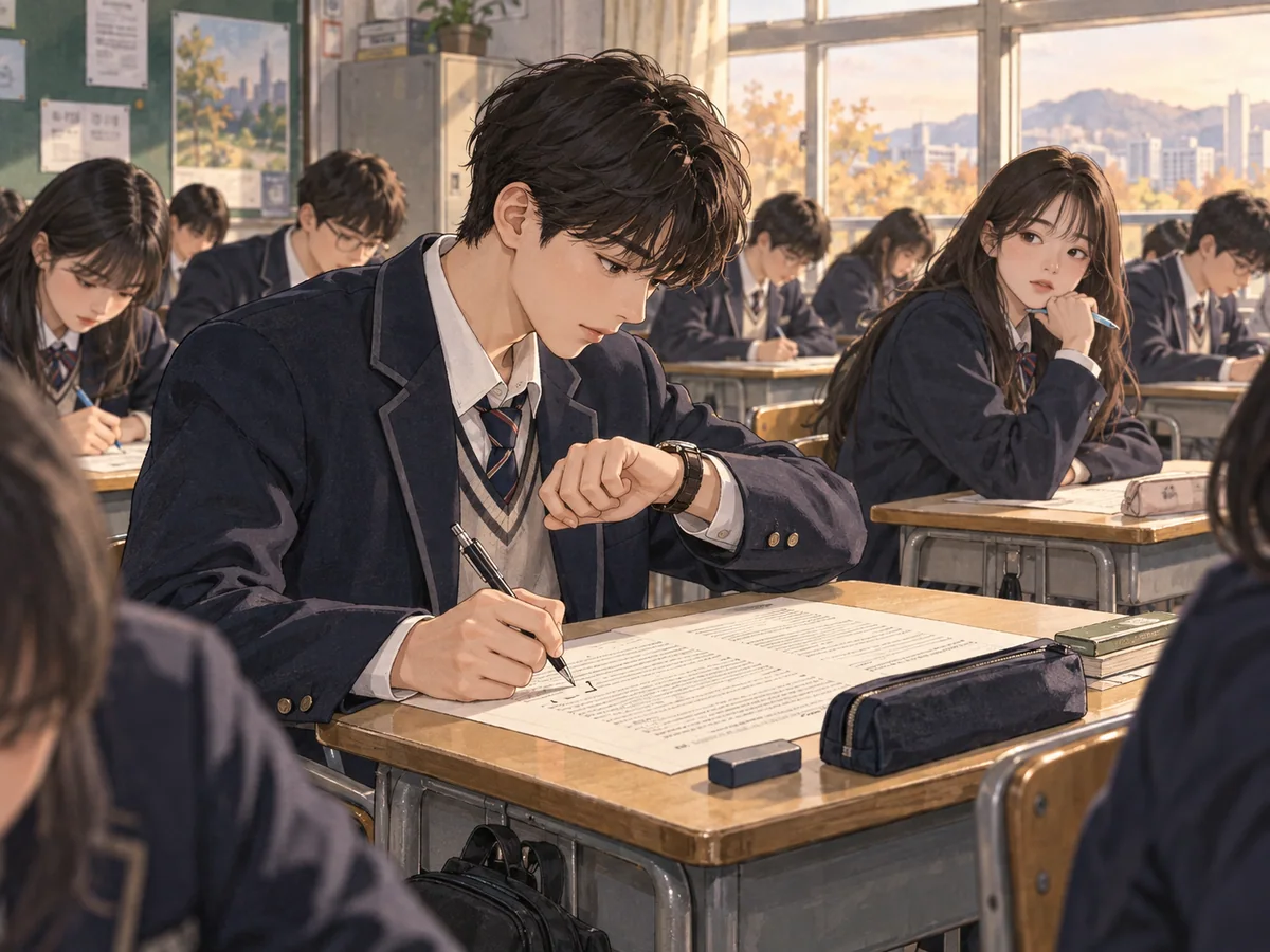 손목시계를 보며 문제에 짧은 표시를 남기는 학생