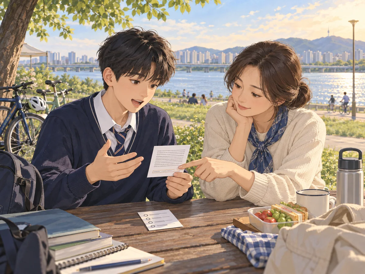 강가에서 학생이 근거 문장을 부모에게 설명하는 장면