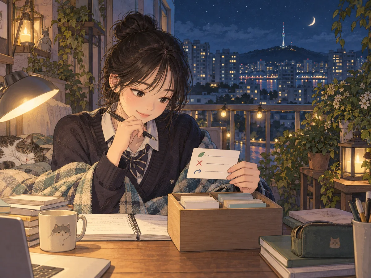 밤 발코니에서 복귀 기록 카드를 재시험 상자에 넣는 학생