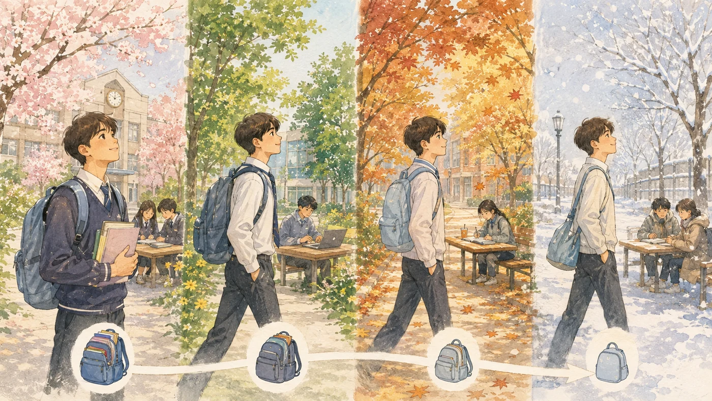 네 계절 학습길을 걷는 학생