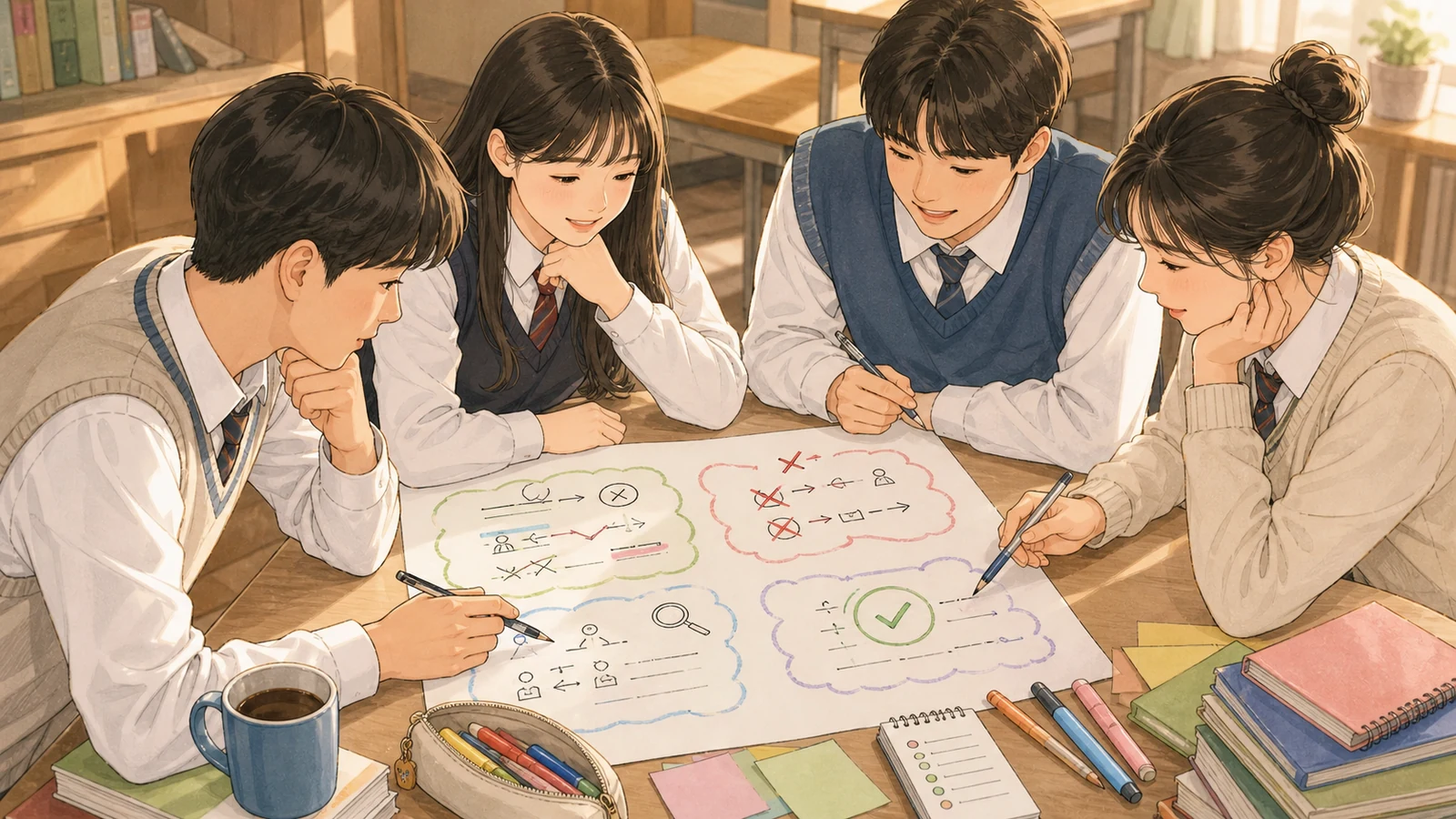 한 장의 네 구역을 함께 점검하는 학생들