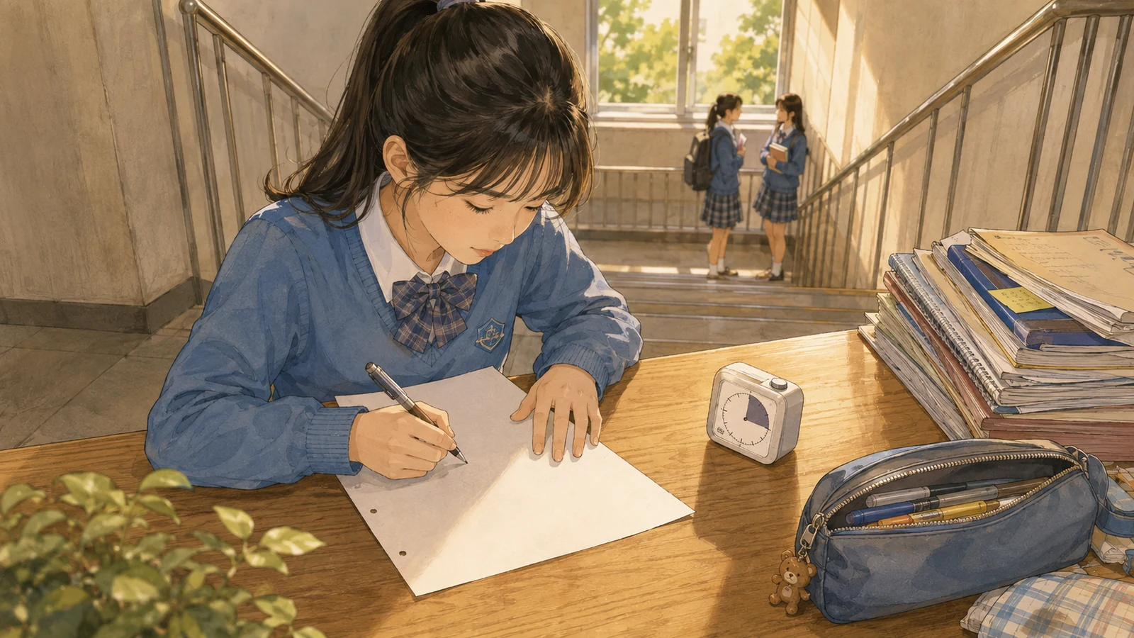 시간을 재며 백지 회상하는 학생
