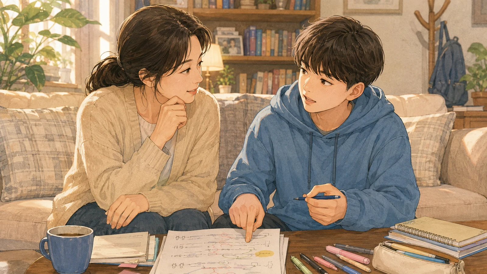 우선순위를 설명하는 학생과 학부모