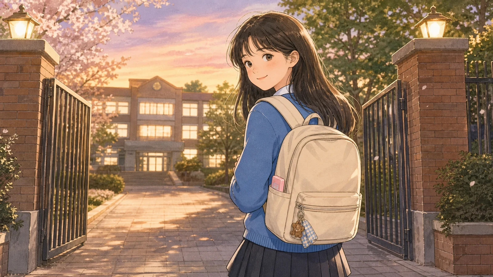 정리된 가벼운 가방을 메고 나서는 학생