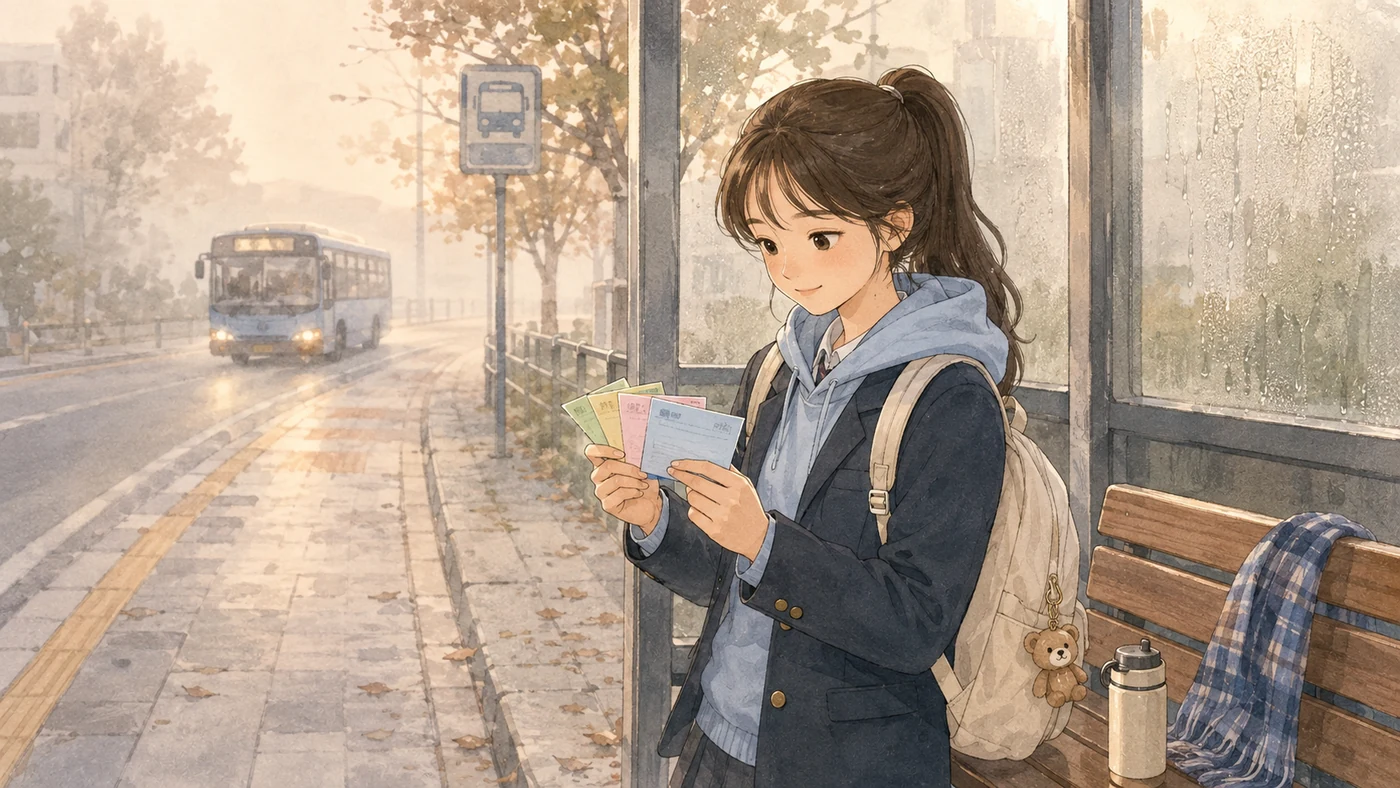 큰 책 대신 작은 오답 카드를 보는 버스정류장