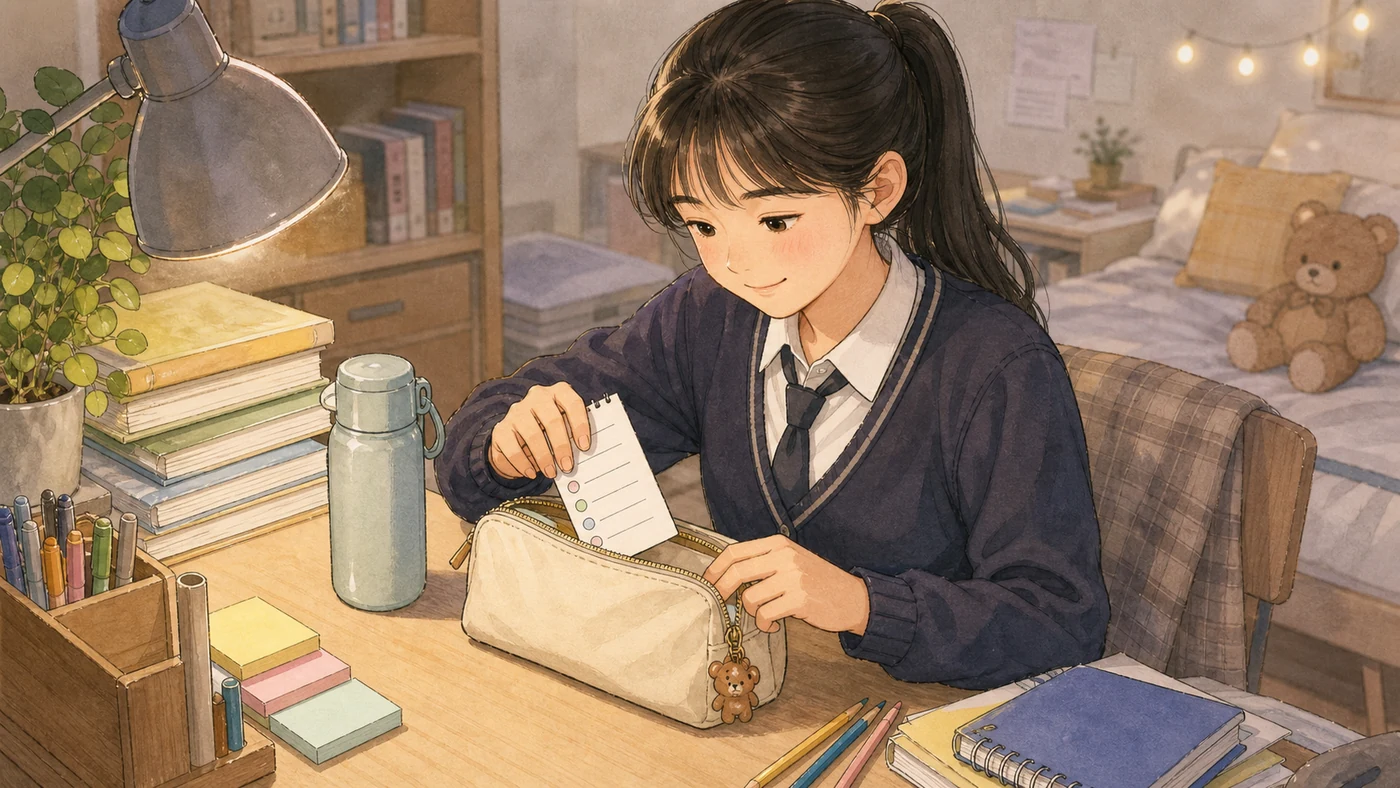 시험 전날 얇은 복습가방을 싸는 책상