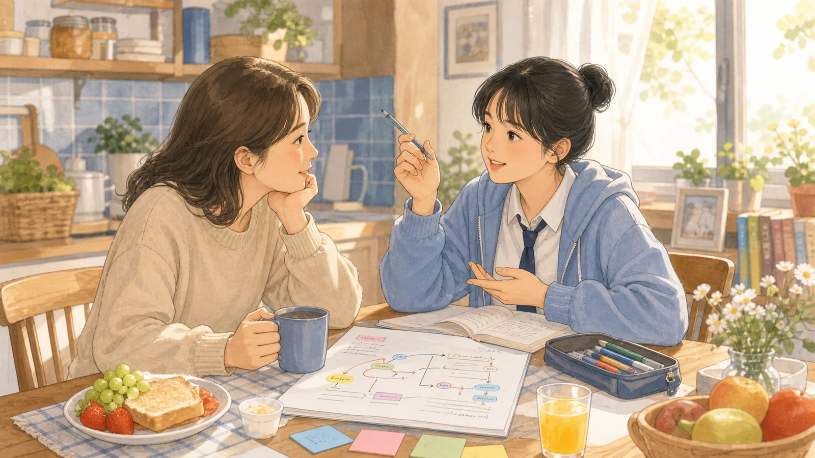 아침 식탁에서 학습 결정을 듣는 학부모
