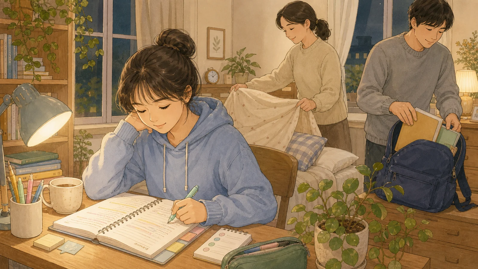 시험 주간 수면과 자료를 챙기는 가족