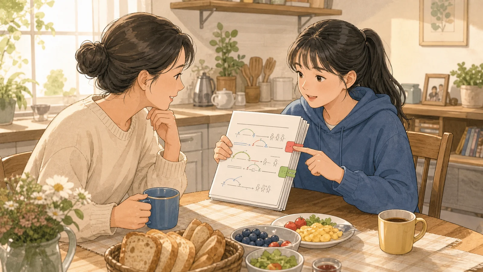 거실에서 백지의 빈칸을 설명하는 학생과 학부모