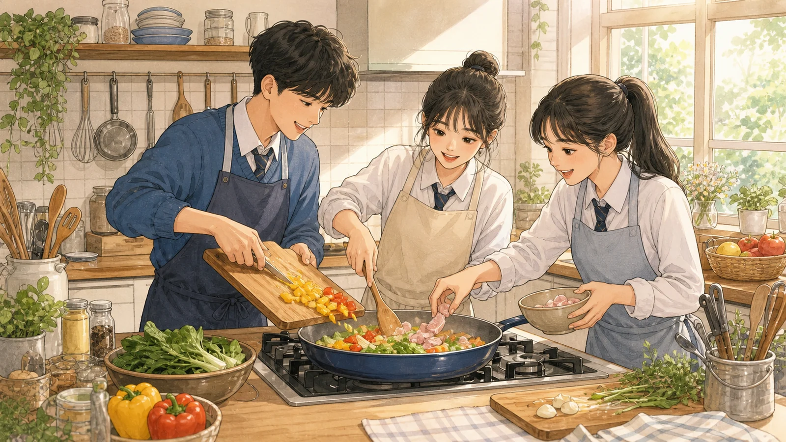 주방에서 서로 다른 재료를 한 접시로 구성하는 학생