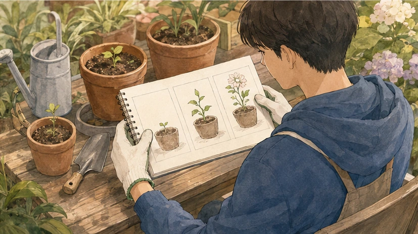 세 성장 단계 식물을 기록하는 정원