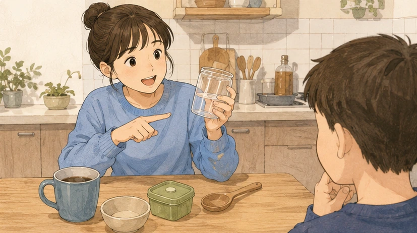 주방 물건으로 개념을 설명하는 아침