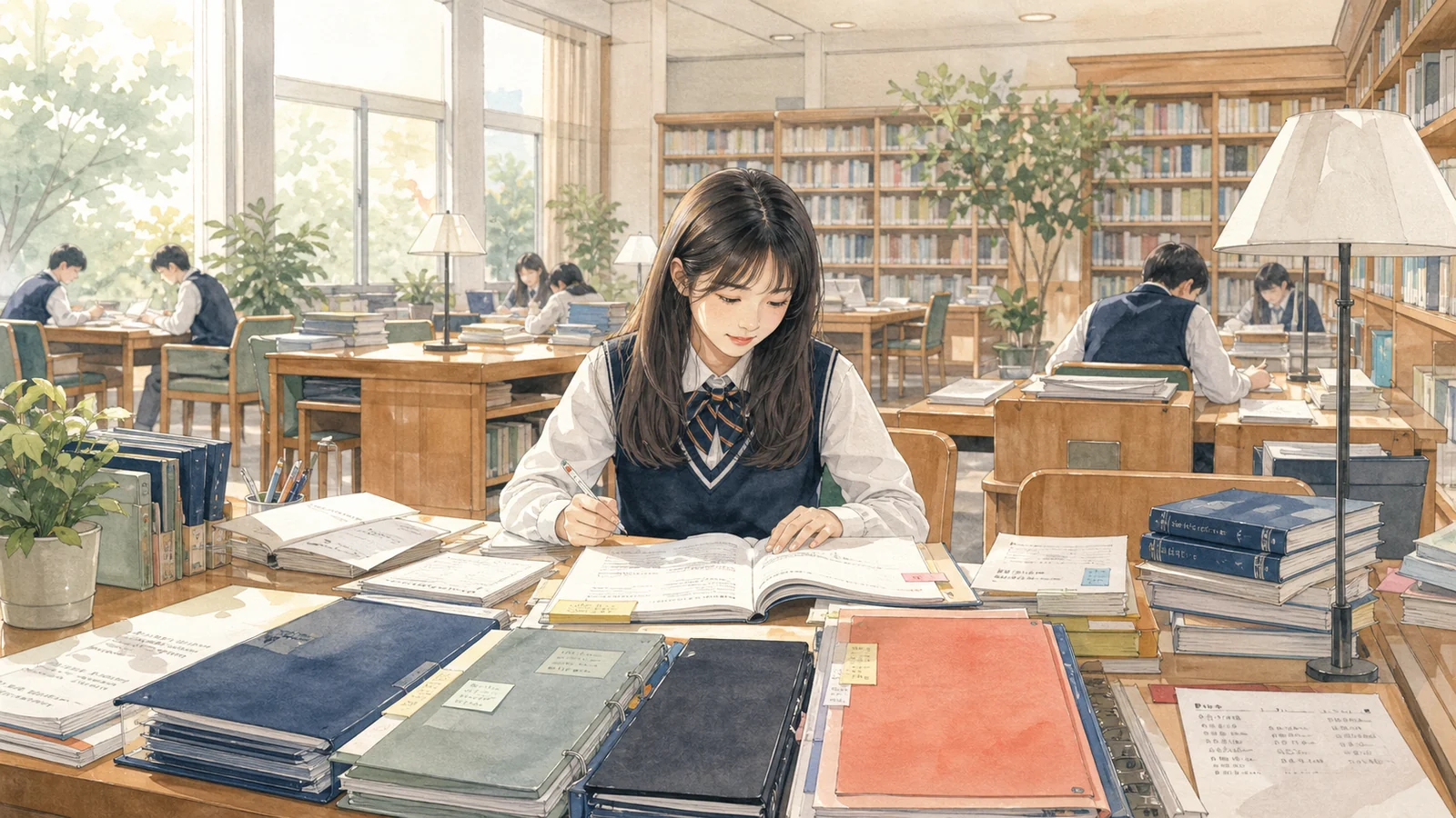 도서관에서 공식 범위 자료 전체를 확인하는 학생