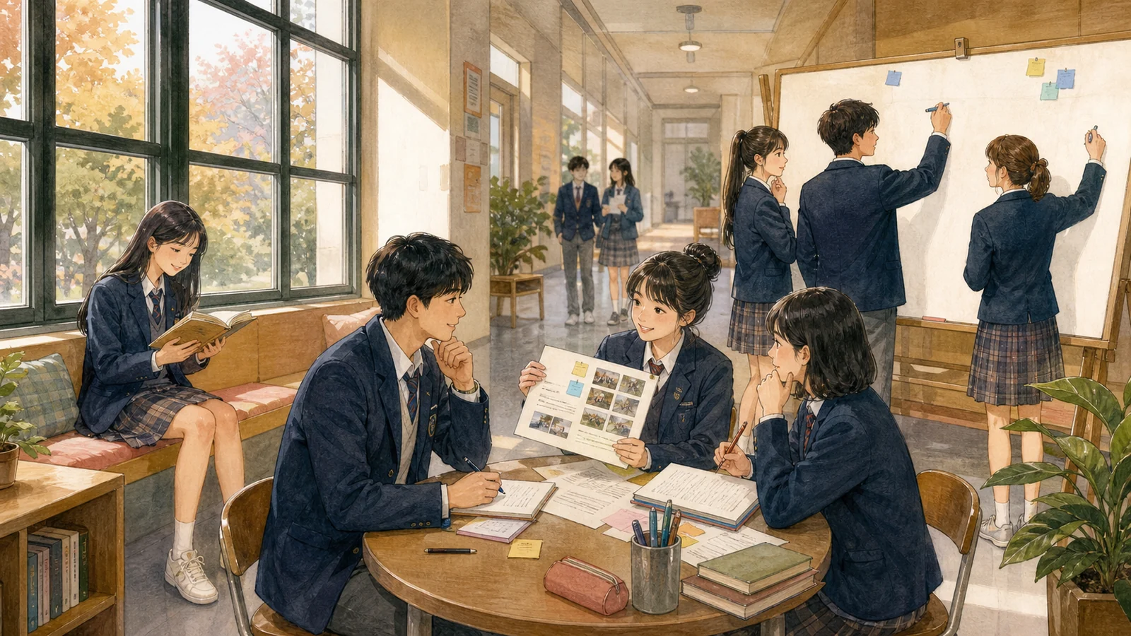복도 세 학습 정거장을 번갈아 이용하는 학생들
