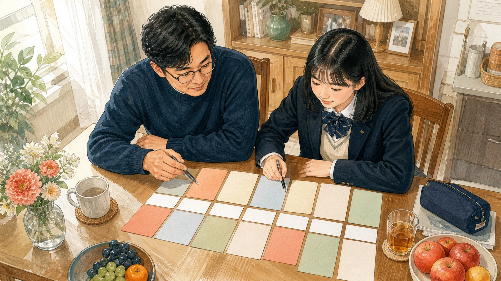 가정에서 2주 계획과 휴식을 함께 확인하는 학생과 학부모