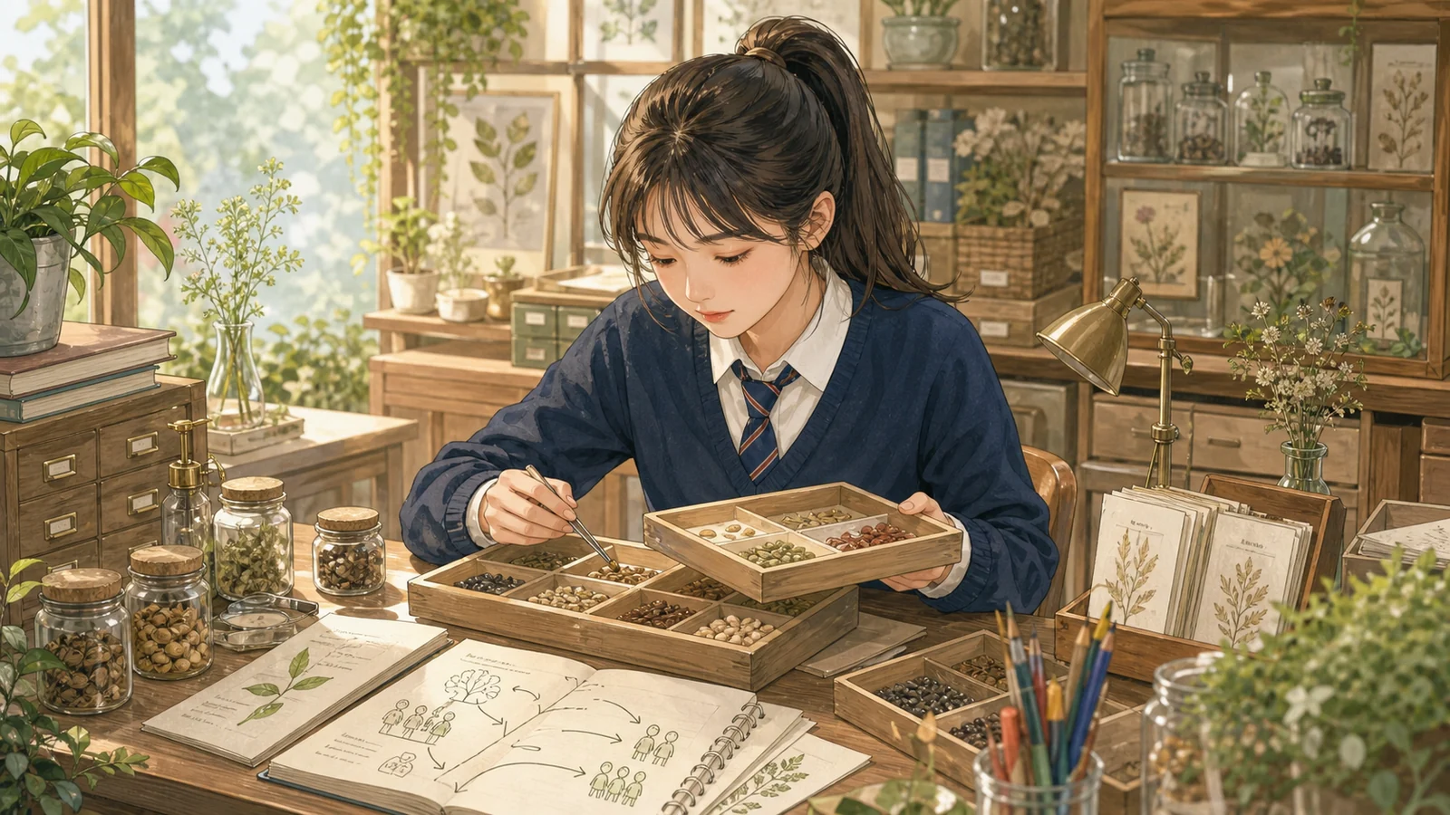 식물 표본 도서관에서 단어의 뜻 관계 문맥 씨앗을 분류하는 학생