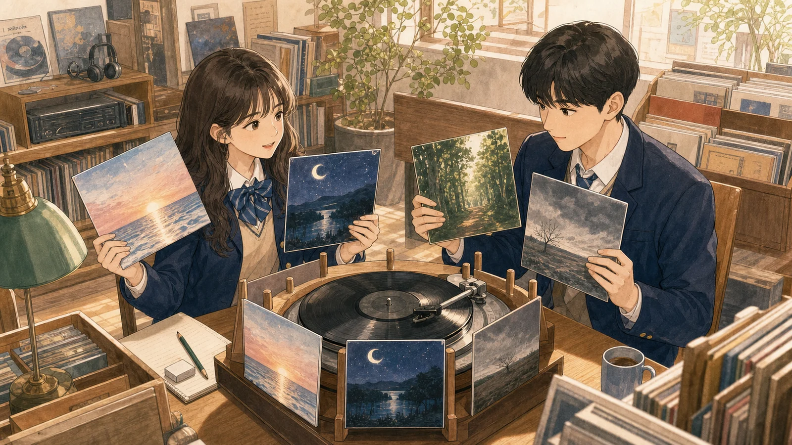 레코드 가게에서 동의어와 반의어 음반을 짝짓는 학생