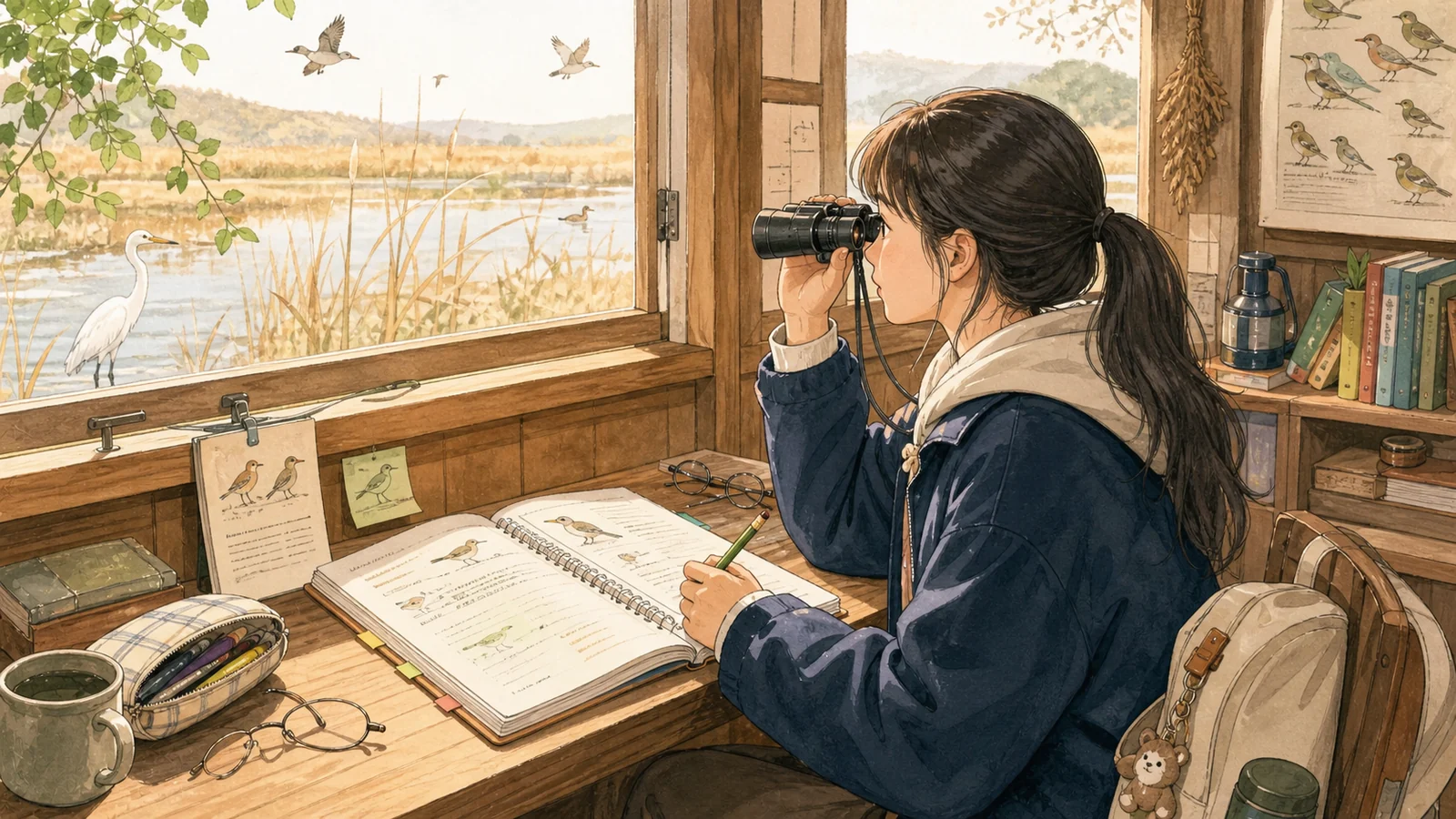 야생 관찰 오두막에서 문맥 단서를 찾는 학생