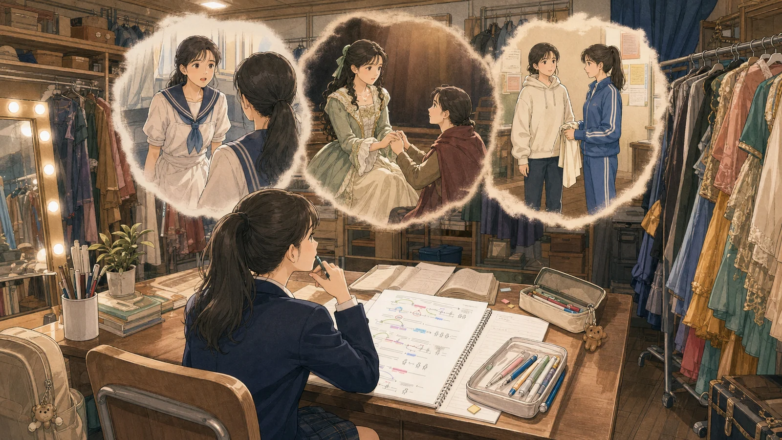 소극장에서 같은 단어의 여러 문맥 역할을 연기하는 학생